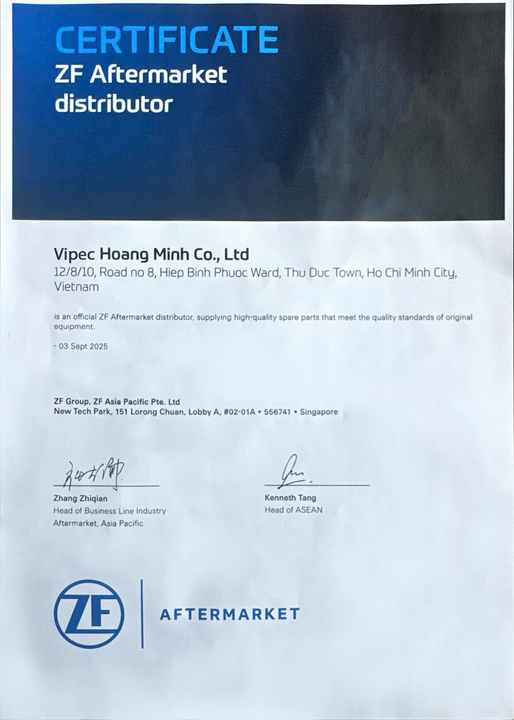 giấy chứng nhận ZF - Vipec Hoàng Minh